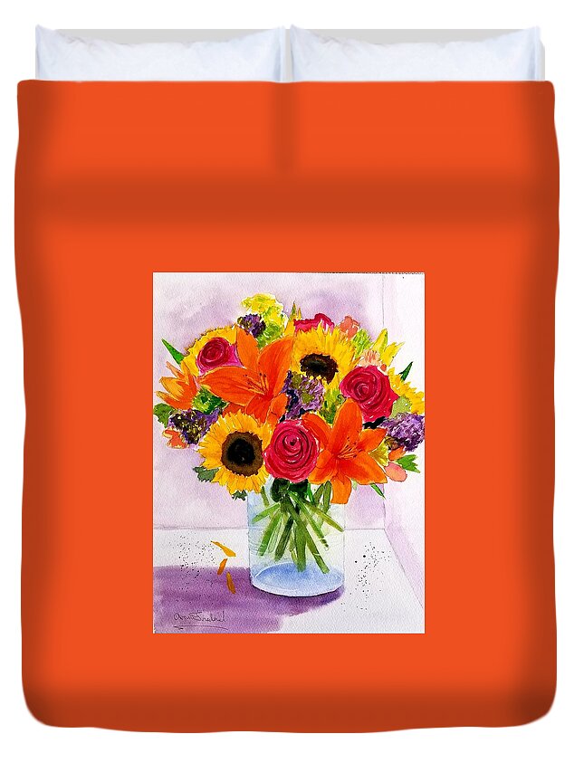 Daylilies Duvet Cover featuring the painting Carols Vase by Ann Frederick