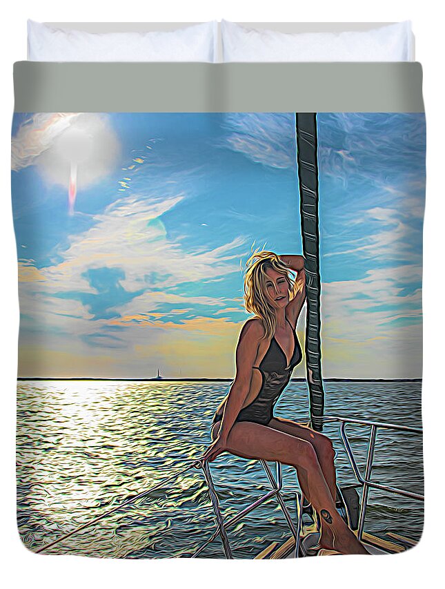 Blonde Duvet Cover featuring the photograph Carrie on a Yacht by Alan Goldberg