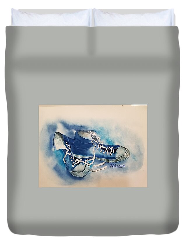 Hightops Duvet Cover featuring the painting Carson's Shoes by Ann Frederick