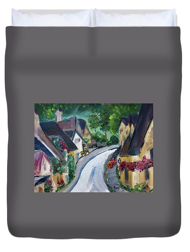 Castle Combe Duvet Cover featuring the painting Castle Combe view from Town Square by Roxy Rich