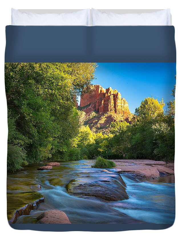 Castle Rock Fstop101 Sedona Arizona Stream Water Red Rock Formations Duvet Cover featuring the photograph Castle Rock and Stream by Geno