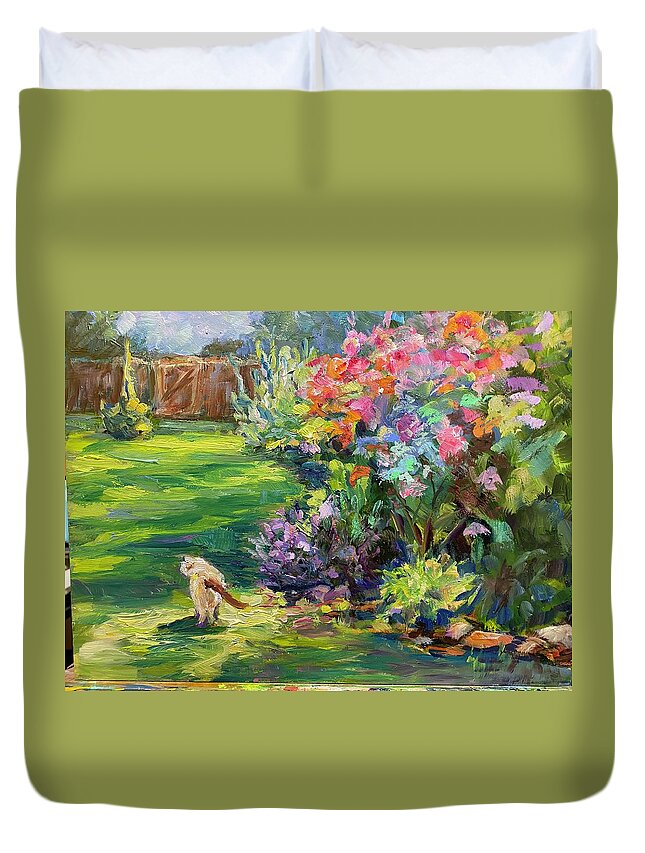 Cat Duvet Cover featuring the painting Cat in the Garden by Madeleine Shulman