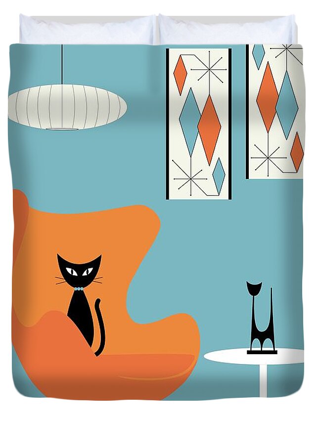 Mid Century Modern Duvet Cover featuring the digital art Cat in Turquoise Room by Donna Mibus