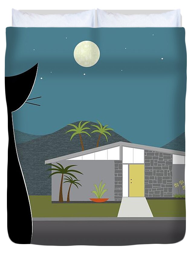 Black Cat Duvet Cover featuring the digital art Cat Looking at Gray Mid Century Modern House by Donna Mibus