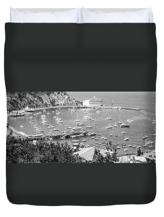 America Duvet Cover featuring the photograph Catalina Island Avalon Harbor Black and White Panorama by Paul Velgos