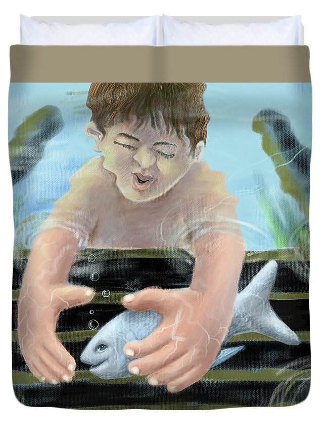 Boy Duvet Cover featuring the digital art Catch And Release by Larry Whitler