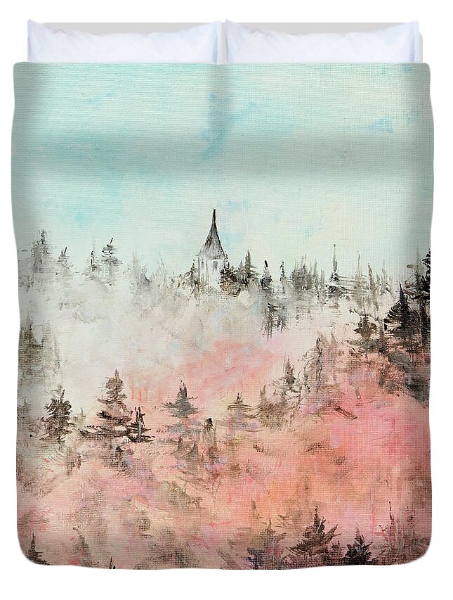 Cathedral Duvet Cover featuring the painting Cathedral in the Clouds by Zan Savage