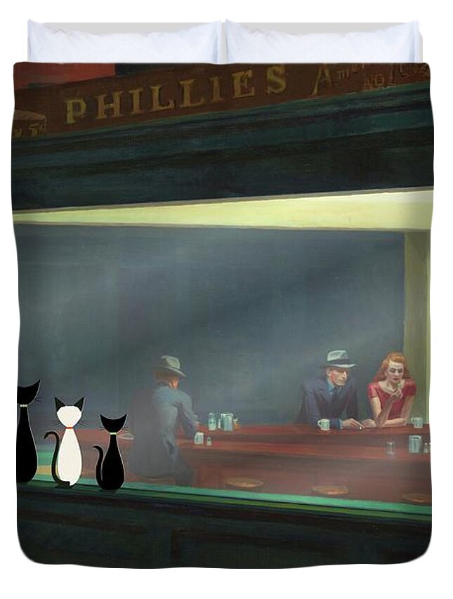 Nighthawks Duvet Cover featuring the digital art Cats Peer Into Nighthawks Diner by Donna Mibus