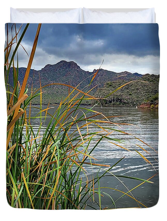 Cattail Duvet Cover featuring the photograph Cattail Reeds on Saguaro Lake by Bonny Puckett