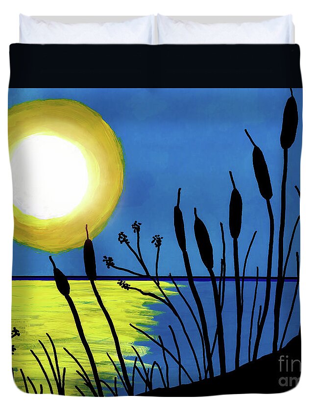 Moon Duvet Cover featuring the painting Cattails In The Moonlight by D Hackett