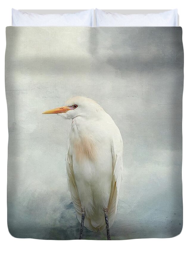 Cattle Egret Duvet Cover featuring the mixed media Cattle Egret by Eva Lechner
