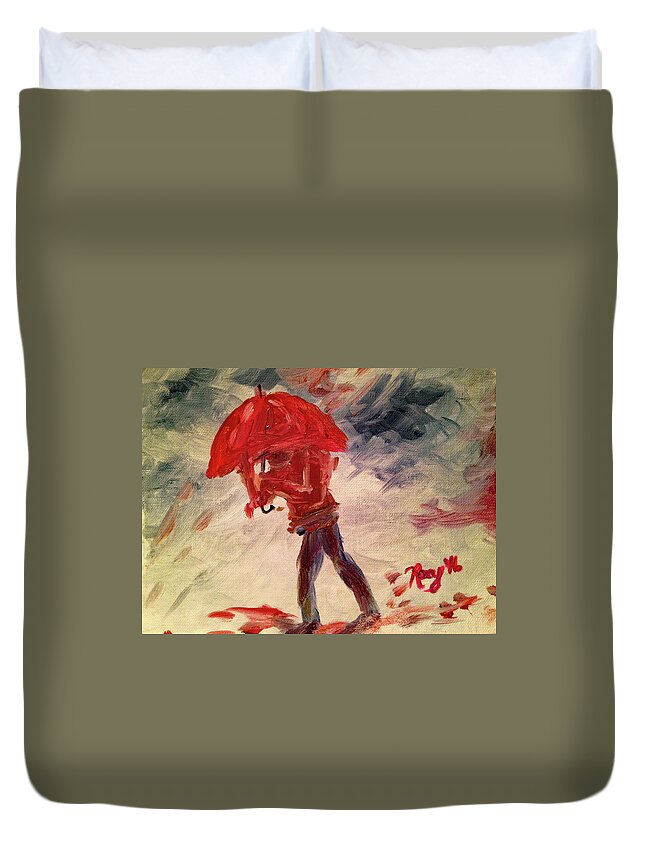 Rain Duvet Cover featuring the painting Caught by Roxy Rich