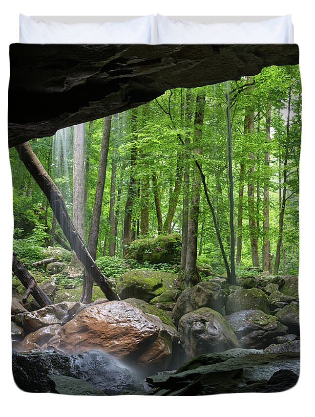 Big Laurel Falls Duvet Cover featuring the photograph Cave Behind Waterfall 2 by Phil Perkins