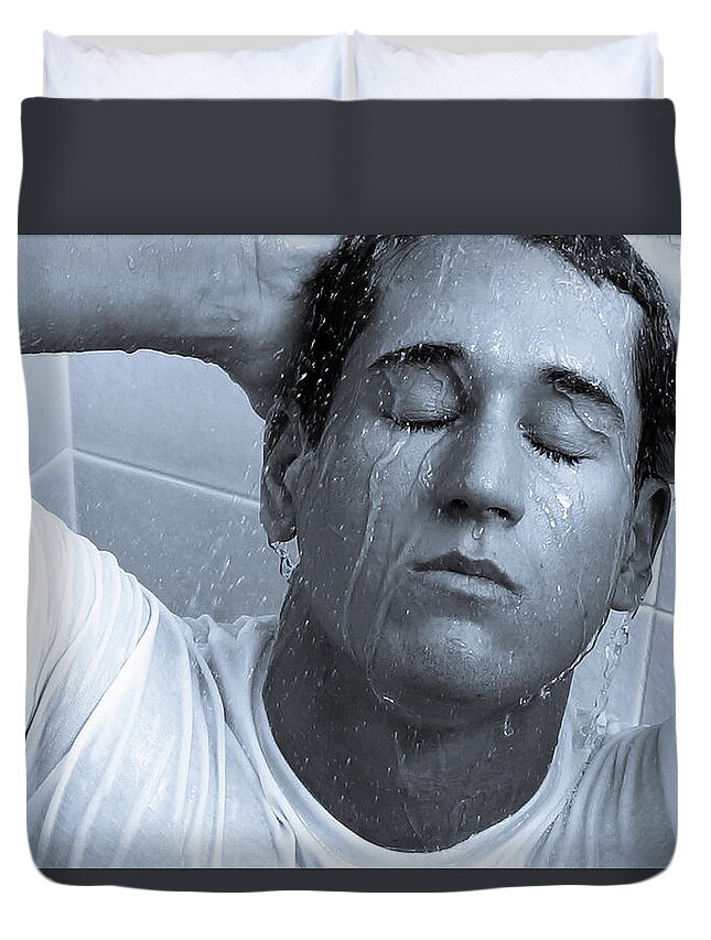 Caz Duvet Cover featuring the photograph Caz in the shower by Jim Whitley