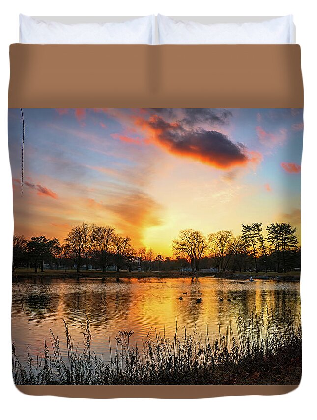 Cedar Beach Duvet Cover featuring the photograph Cedar Beach Sunset with Ducks by Jason Fink