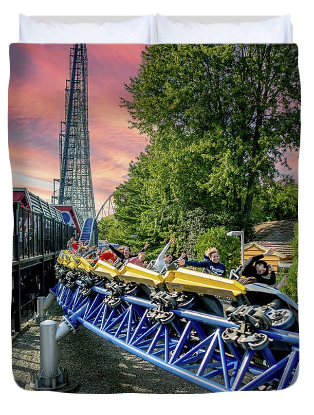 Cedar Point Duvet Cover featuring the photograph Cedar Point Sandusky Ohio 2022 Millennium Force by Dave Morgan