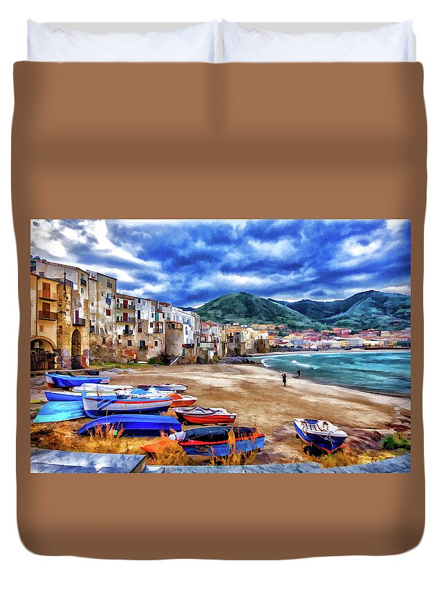 Italy Duvet Cover featuring the photograph Cefalu Waterfront by Monroe Payne