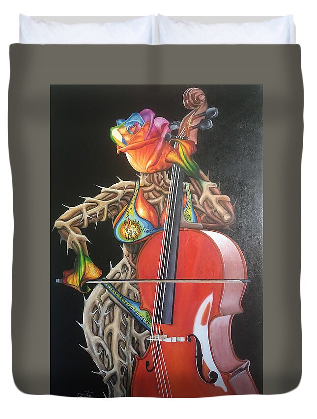 Cello Duvet Cover featuring the painting CELLIST Let the Music Play by O Yemi Tubi