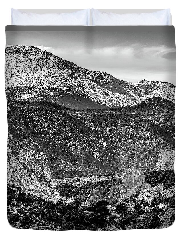 Colorado Springs Duvet Cover featuring the photograph Center Panel 2 of 3 - Pikes Peak Panoramic Mountain Landscape with Garden of the Gods in Monochrome by Gregory Ballos