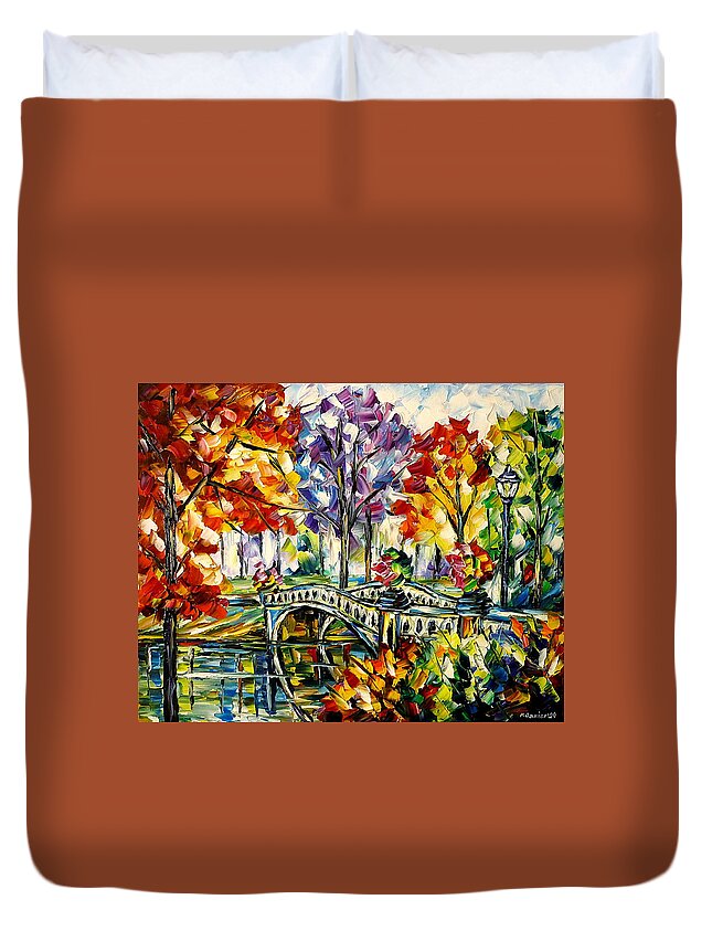 Colorful Cityscape Duvet Cover featuring the painting Central Park, Bow Bridge by Mirek Kuzniar