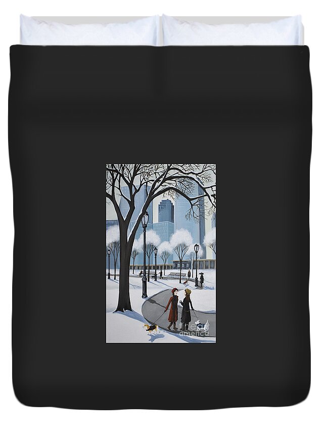 Central Park Duvet Cover featuring the painting Central Park New York puppies dog by Debbie Criswell