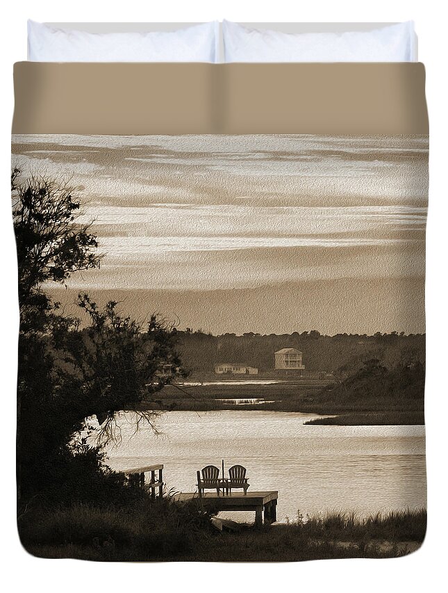 Beach Scene Duvet Cover featuring the photograph Chairs on a Dock by Mike McGlothlen