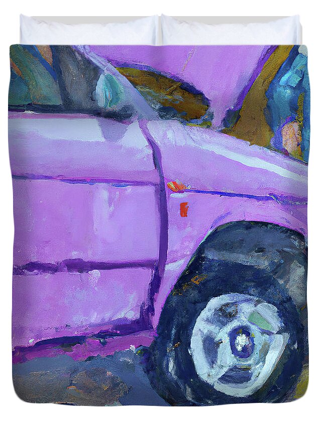Purple Volkswagen Gulf Duvet Cover featuring the digital art Changing the tire of a Volkwagen by Cathy Anderson