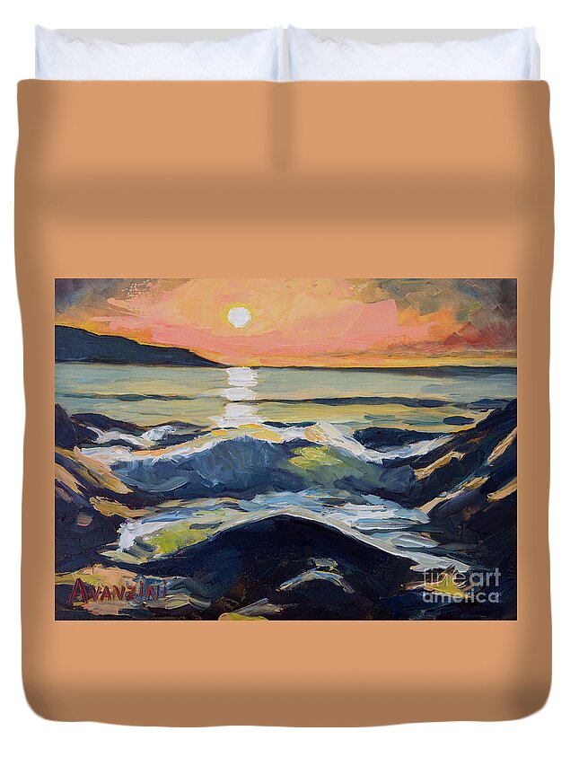 Sunlight Duvet Cover featuring the painting Chanteiro Beach Sunset Galicia Spain by Pablo Avanzini