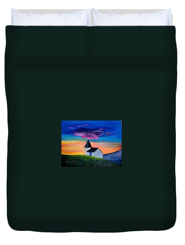 Landscape Duvet Cover featuring the painting Chapel in the Hills by Amy Kuenzie