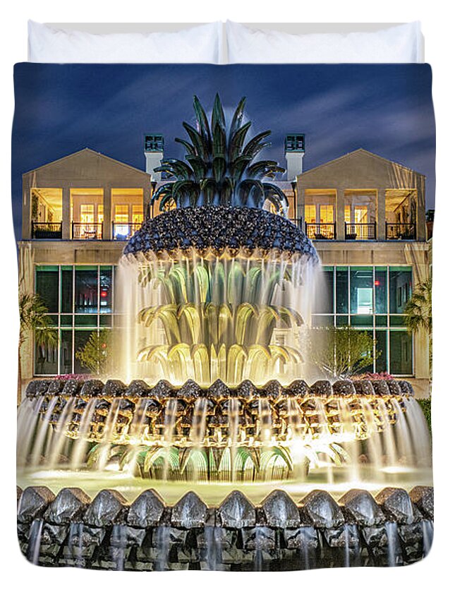 Pineapple Duvet Cover featuring the photograph Charleston's Pineapple Fountain by Douglas Wielfaert