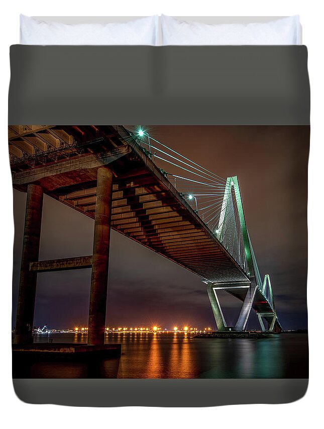  Duvet Cover featuring the photograph Charleston's Ravenel Bridge at Night by Marcy Wielfaert