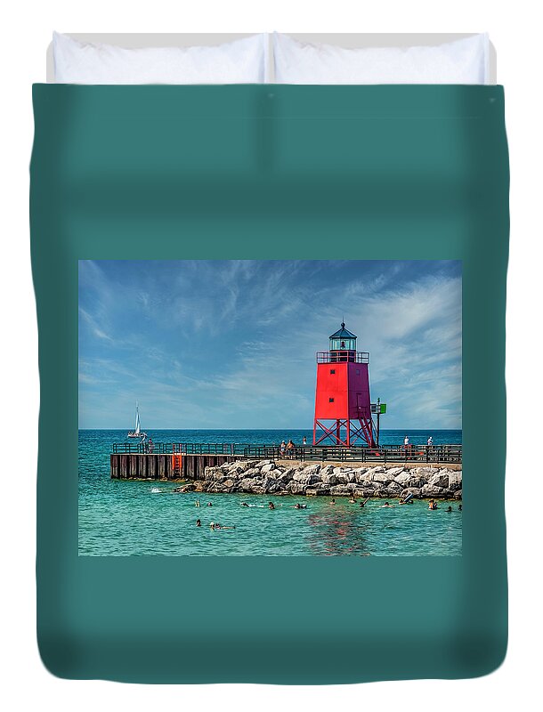 Lighthouse Duvet Cover featuring the photograph Charlevoix South Pier by Nick Zelinsky Jr