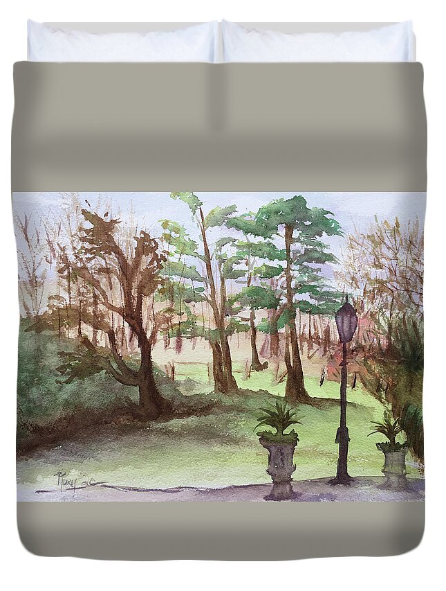 Landscape Duvet Cover featuring the painting Stanhill Court in Charlwood by Roxy Rich