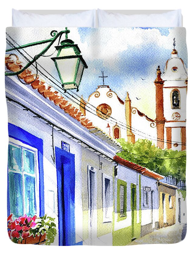 Algarve Duvet Cover featuring the painting Charming Street In Silves Algarve Portugal by Dora Hathazi Mendes