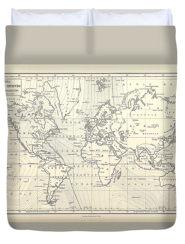 Map Duvet Cover featuring the mixed media Chart of Magnetic Curves of Equal Variation - Antique World Map - Cartography by Studio Grafiikka