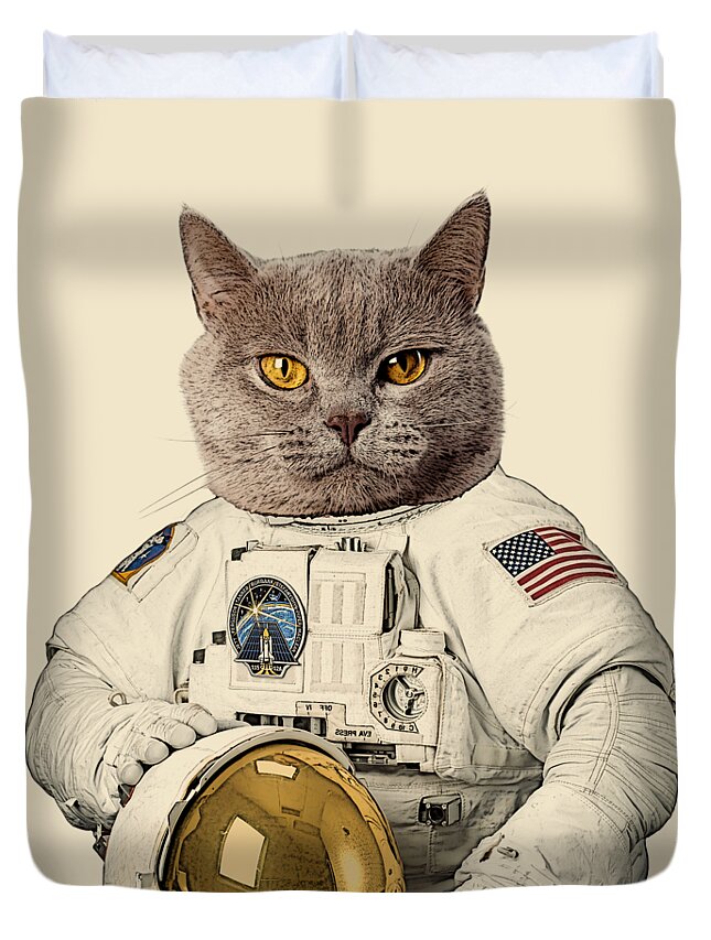 Cat Duvet Cover featuring the digital art Chartreux cat portrait by Madame Memento