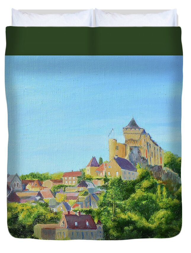 Fort Duvet Cover featuring the painting Chateau Castelnaud-la-Chapelle above Tournepique by Dai Wynn