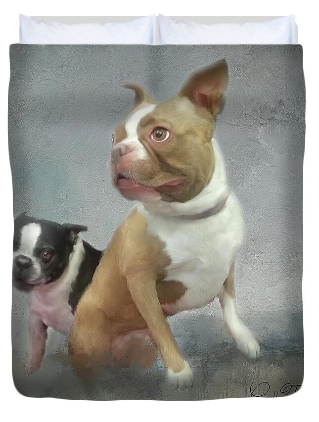 Boston Terrier's Duvet Cover featuring the mixed media Cheech and Chong by Colleen Taylor