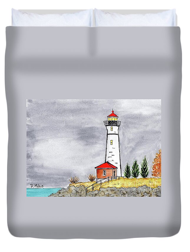 Maine Lighthouse Duvet Cover featuring the painting Brave Red Top Maine Lighthouse by Donna Mibus