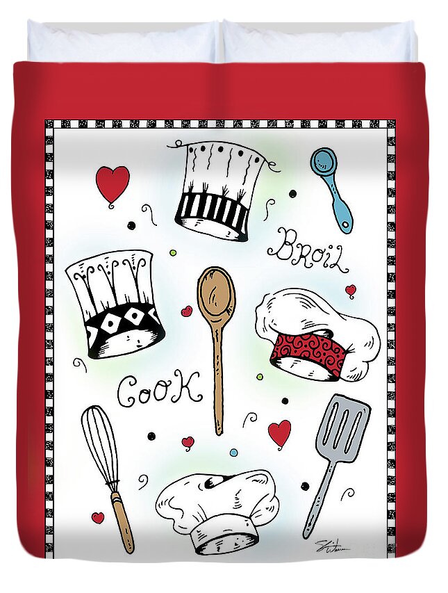 Chef Duvet Cover featuring the mixed media Chefs Toque Hats-II by Shari Warren