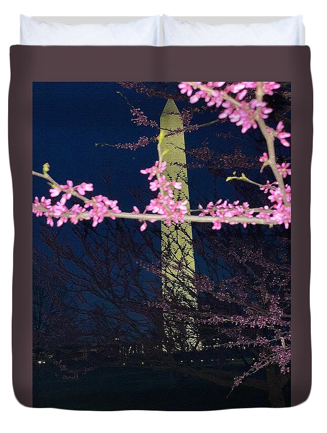 Cherry Blossom Duvet Cover featuring the photograph Cherry blossoms overlooking Washington monument 3 by Harsh Malik