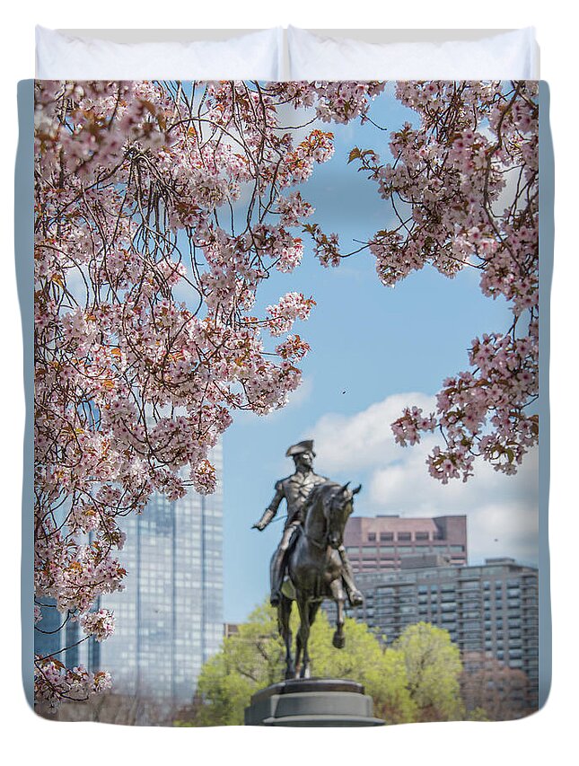 Cherry Blossoms Duvet Cover featuring the photograph Cherry Blossoms Statue by Sally Cooper