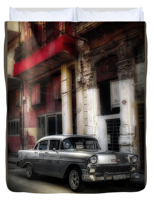 Chevy Duvet Cover featuring the photograph 1956 Chevrolet Bel Air Chromo by Micah Offman