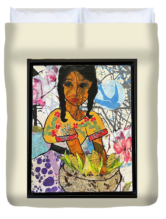 Mexican Girl Duvet Cover featuring the painting Chica con Maiz by Elaine Elliott