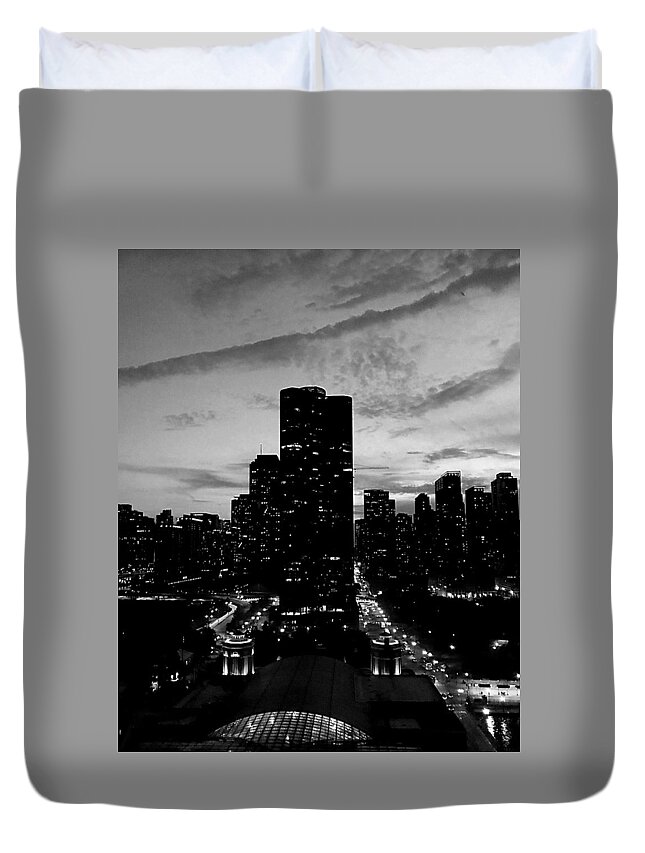 Chicago Duvet Cover featuring the photograph Chicago at Dusk BW by Lee Darnell