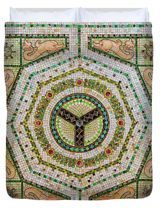 Art Duvet Cover featuring the photograph Chicago Cultural Center Ceiling with Y Symbol in Mosaic by David Levin