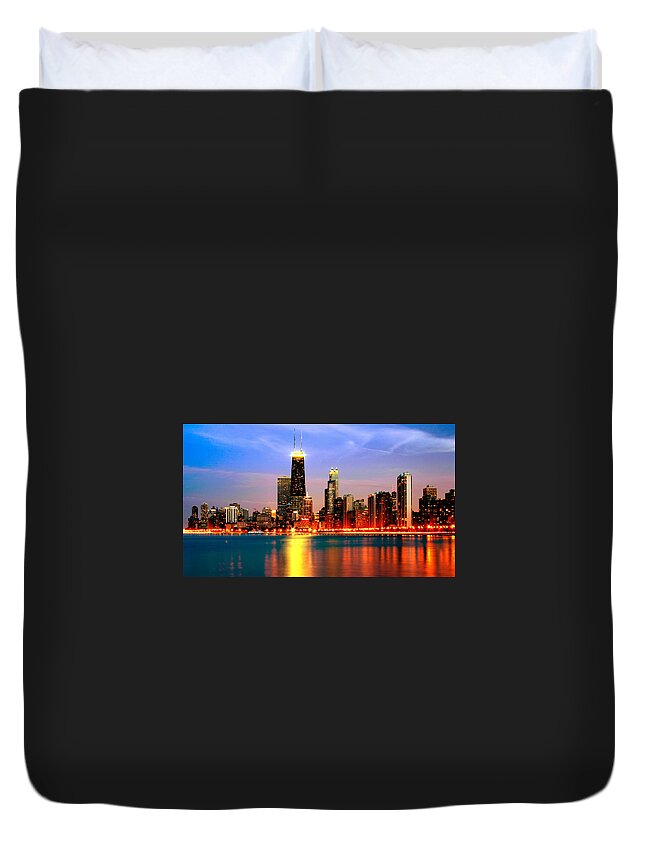 Architecture Duvet Cover featuring the photograph Chicago Dusk Skyline Red by Patrick Malon