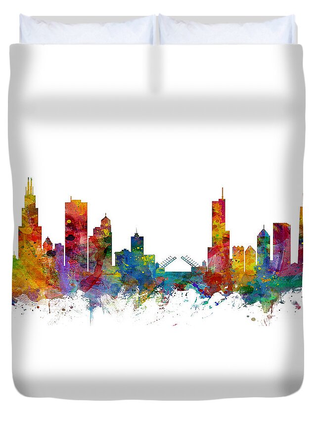 Chicago Duvet Cover featuring the digital art Chicago Illinois Skyline Custom Panoramic by Michael Tompsett