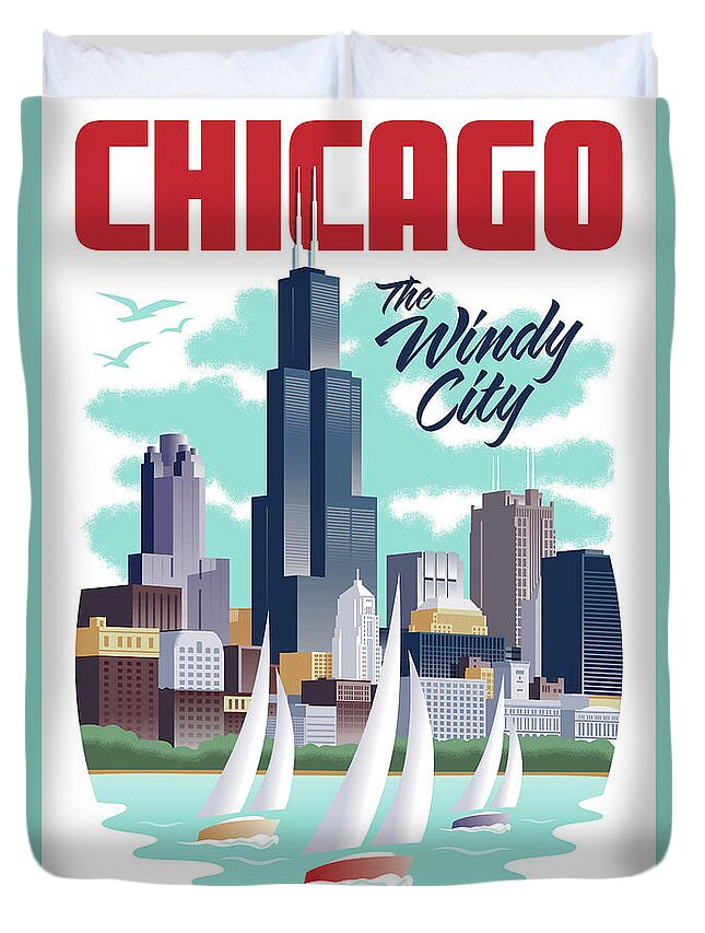 Art Deco Duvet Cover featuring the digital art Chicago Poster - Vintage Travel by Jim Zahniser
