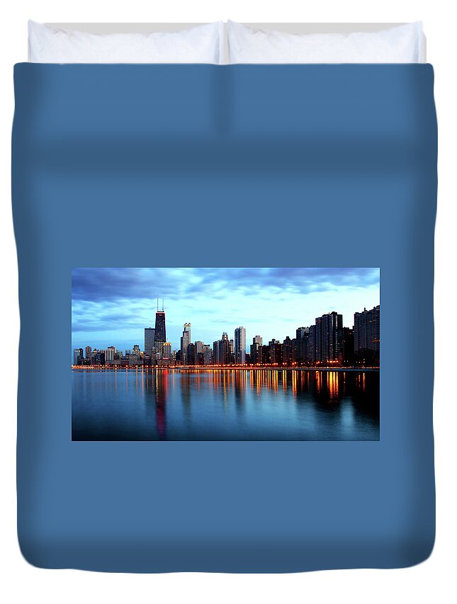 Architecture Duvet Cover featuring the photograph Chicago Skyline Dusk Lights Blue Water by Patrick Malon